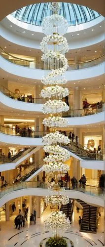 Luxurious interior, modern shopping mall, high ceiling, grand chandelier, marble floor, elegant staircases, sleek glass railings, sophisticated storefronts, lavish decorations, plush sofas, vibrant fl