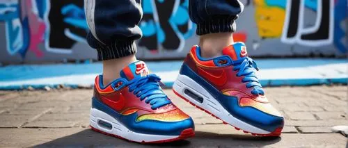 Nike Air Max sneakers, colorful, vibrant, detailed laces, white base, gradient blue and red accents, shiny metallic eyelets, bold logo, worn by a young boy, standing, casual pose, one foot in front of