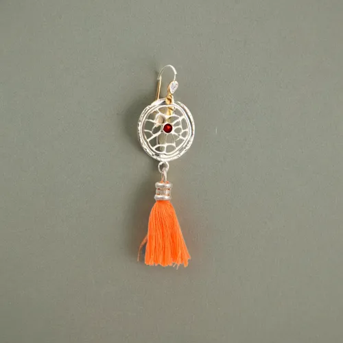  earring is lying, white background, top view of the earring,martisor,coral charm,christmas tassel bunting,agate carnelian,worry doll,red white tassel,tassel,teardrop beads,orange blossom,buddhist pra