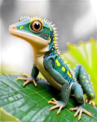 Green gecko lizard, small size, solitary, (5cm), spiky back, big round eyes, yellow belly, thin tail, sitting on leaf, camouflage skin, intricate scales, morning dew, soft natural light, close-up shot