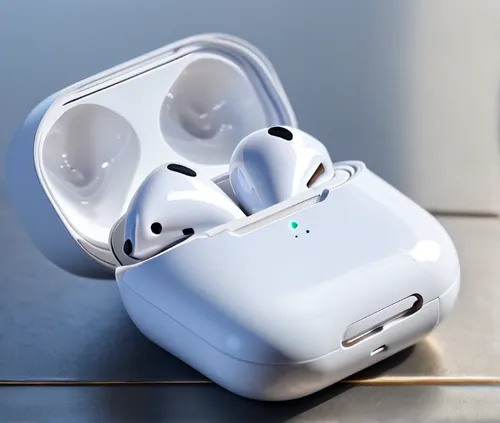 a white image that shows airpods, in the style of atmospheric serenity, light indigo and silver, toyo ito, subtle use of shading, photorealistic details, soft gradients, soft and airy compositions ,ai