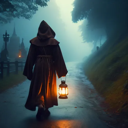 lamplighter,lantern,hooded man,pilgrimage,monks,grimm reaper,illuminated lantern,the wanderer,fantasy picture,the mystical path,pilgrim,grave light,sleepwalker,cloak,dark art,light of night,monk,gas lamp,searchlamp,candlemaker