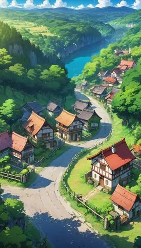 A modern village next to a vast and beautiful European forest, a dirt road and a small wall around this village.,butka,machico,kazoku,kotoko,ghibli,rikkyo,yazaki,yoshikuni,aurora village,kotoinazuma,k