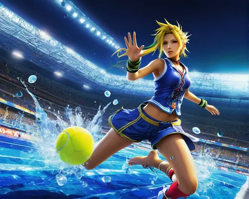 sports action, Final Fantasy X-2, Blitzball game, underwater stadium, Spira, female player, Rikku, athletic pose, dynamic movement, blitzball uniform, colorful patterns, sleek material, water texture,