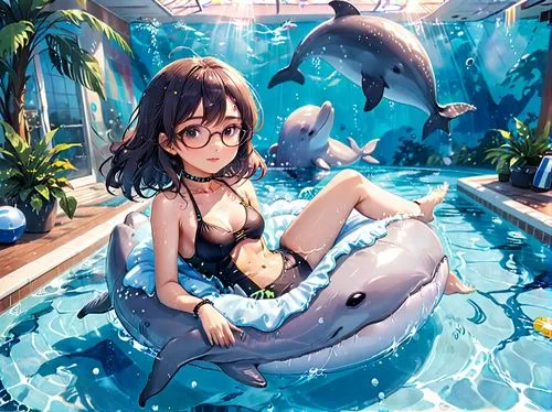 girl with a dolphin,mermaid background,oceanica,dolphin background,underwater background,seaquarium,Anime,Anime,Traditional