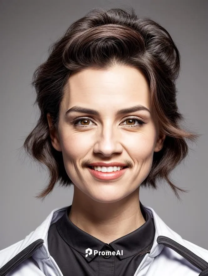 The motif shows a modern woman with a self-confident smile and a glued-on dark moustache. Her hair is cut masculine short and her facial expression is also very masculine. The background is blurred an