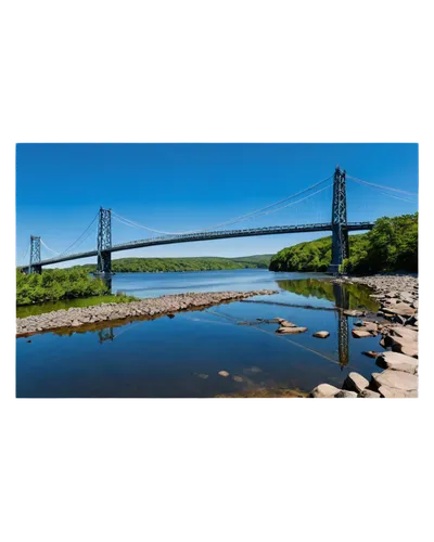 Mid-Hudson Bridge, suspension bridge, steel structure, river crossing, Hudson River, New York State, daytime, clear sky, sunny weather, gentle water reflection, 3/4 composition, low-angle shot, wide-a