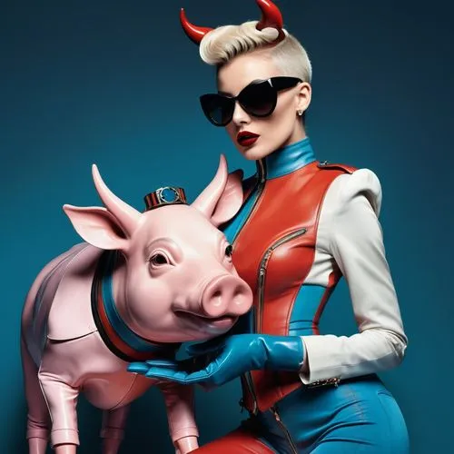 3D render of a hyperrealistic conceptual artwork of A neat scene  stand up a cute male cow have small horns hugs a cute female pig dressed in nice clothes made of Gucci leather,the model wears an all 