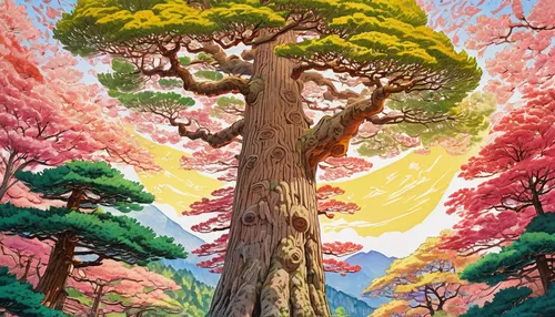 colorful tree of life,the japanese tree,watercolor pine tree,sakura tree,flourishing tree,sakura trees,watercolor tree,tree of life,painted tree,deciduous forest,deciduous tree,forest tree,magic tree,tree mushroom,old-growth forest,tree grove,mushroom landscape,wondertree,pine tree,japan landscape,Illustration,Japanese style,Japanese Style 01