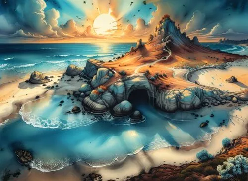 an illustration of a mountain at sunset over the ocean,fantasy landscape,sea landscape,underwater landscape,volcanic landscape,fantasy picture,coastal landscape,Illustration,Realistic Fantasy,Realisti