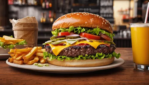 Describe a mouthwatering big hamburger with all the toppings in a lively burger joint.,cheeseburger,cheese burger,burger king premium burgers,row burger with fries,burger emoticon,food photography,cla