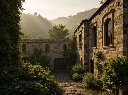 Rustic stone buildings, arched windows, ornate carvings, lush greenery, overgrown vines, ancient trees, serene countryside, rolling hills, misty morning, warm golden lighting, soft focus, 1/1 composit