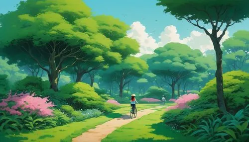 forest path,pathway,forest road,trail,hiking path,stroll,green forest,forest walk,forest landscape,studio ghibli,forest,green landscape,walk in a park,springtime background,fairy forest,the path,tree lined path,forest of dreams,green meadow,tree grove,Illustration,Japanese style,Japanese Style 05