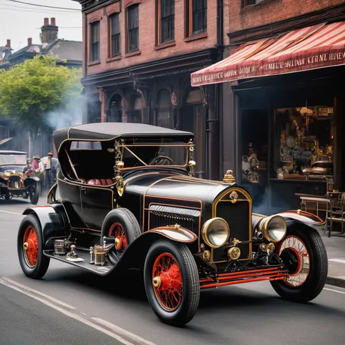 A sporty steam-powered Exotic Hot Rod,  typically American cars that might be old,  with a chimney and wide splint wheels on a street during the Victorian era
,steam car,old model t-ford,ford model a,