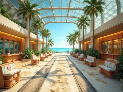 beach resort,jumeirah beach hotel,tropical house,paradisus,the hotel beach,beach restaurant,breezeway,beachfront,seaside resort,resort,oceanway,tropical beach,conservatory,hotel riviera,transmarco,umbrella beach,palm garden,the palm,hotel lobby,oceanfront,Photography,General,Realistic