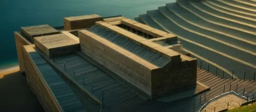 egyptian temple,tilt shift,wooden construction,water stairs,temple of poseidon,winding steps,isometric,step pyramid,wooden pier,dock,3d render,3d rendering,sydney opera,docks,scale model,wooden stairs