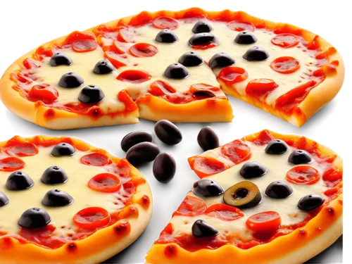 Round pizzas, golden crust, melted mozzarella cheese, fresh tomato sauce, various toppings (pepperoni, mushrooms, olives), steam rising, close-up shot, shallow depth of field, warm lighting, appetizin