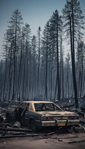 Describe the devastation caused by a wildfire that ravaged a small town.,deforested,scorched earth,pripyat,burned land,desolation,post-apocalyptic landscape,wasteland,post apocalyptic,post-apocalypse,