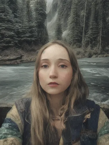 rainy landscape ,forest,mouintains,mystical portrait of a girl,elven,girl on the river,fantasy portrait,the blonde in the river,elven forest,violet head elf,winterblueher,natural cosmetic,portrait bac