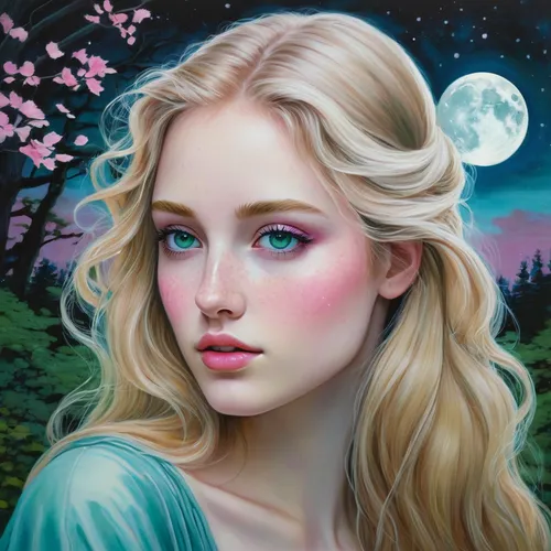 fantasy portrait,blue moon rose,mystical portrait of a girl,fantasy art,oil painting on canvas,faerie,faery,fantasy picture,fairy queen,romantic portrait,fairy tale character,fae,oil painting,world digital painting,eglantine,jessamine,elsa,sky rose,fantasy woman,aurora,Illustration,Realistic Fantasy,Realistic Fantasy 16