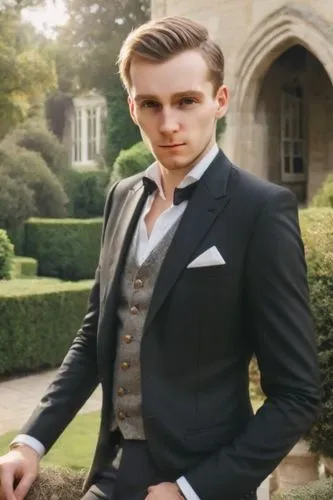 buttons,young man in formal suit standing outdoors,debonair,men's suit,gentlemanly,hoult,waistcoat,formal guy