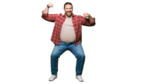 Fat, bearded man, muscular arms, thick waist, beer belly, short hair, bushy beard, mustache, happy expression, casual clothing, plaid shirt, jeans, sneakers, relaxed posture, leaning on something, sof