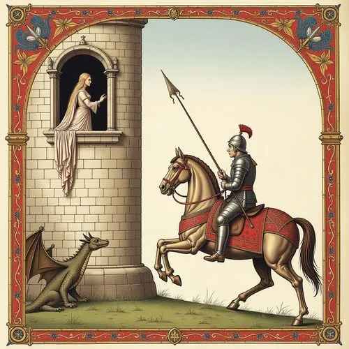 Style of the image from the "Magnificent Book of Hours of the Duke of Berry" by the Limbourg brothers, Illuminated manuscript. In the lower right corner, a medieval mounted knight in armor, a helmet w