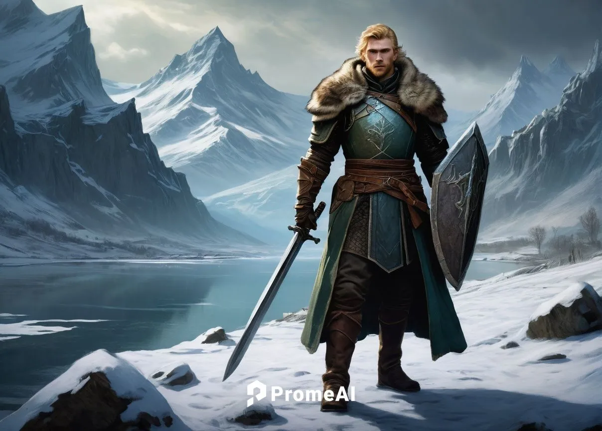 Elder Scrolls, fantasy world, Nordic-inspired landscape, snowy mountains, frozen lake, ancient Nord ruins, Dragonborn warrior, male, rugged facial features, short blonde hair, scar above left eyebrow,