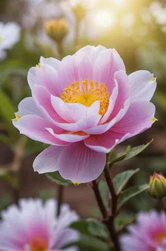 large pink flower in the sunlight with a green leaves,japanese anemone,blooming lotus,anemone japonica,pink chrysanthemum,flower in sunset,japanese anemones,Photography,General,Realistic