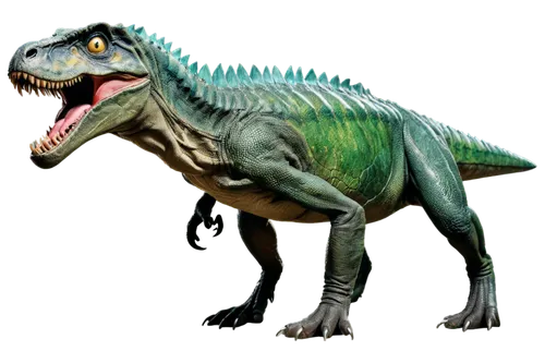 T-Rex, green scaly skin, sharp teeth, powerful legs, long tail, fierce eyes, angry facial expression, standing, rugged texture, high saturation, dramatic lighting, 3/4 composition, shallow depth of fi