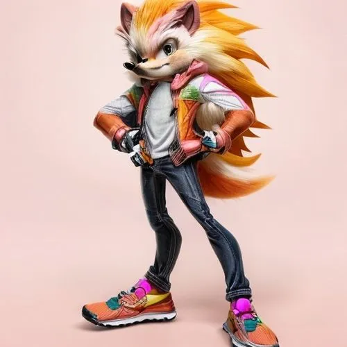 a dual colored hedgehog hero with half pink and half orange furry fur standing proud with a mischievous smile,sonic the hedgehog,tails,taco mouse,furry,child fox,sega,conker,rocket raccoon,hedgehog ch