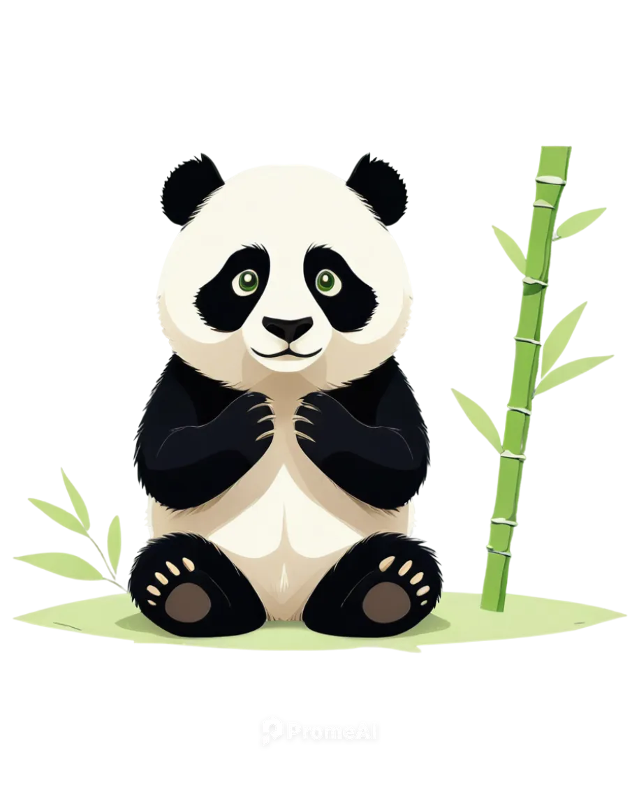 cute panda bear, white fur, black ears, round face, innocent eyes, cartoonish style, simple lines, flat design, green leaves, bamboo stems, casual sitting posture, relaxed expression, soft focus, past