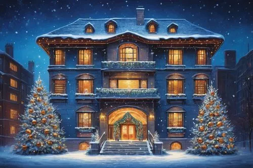 christmas snowy background,winter house,christmasbackground,christmas house,christmas scene,christmas wallpaper,christmas landscape,winterplace,christmas town,christmases,north pole,christmastide,the holiday of lights,santa's village,brownstones,christmas motif,snow scene,christmas snow,townhouse,christmastime,Illustration,Abstract Fantasy,Abstract Fantasy 09