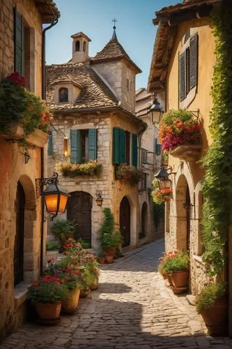 Traditional European village, quaint cobblestone streets, rustic stone buildings, steeply pitched roofs, wooden shutters, flower-filled window boxes, charming town square, old fountain, lanterns hung 