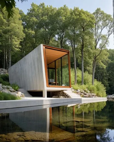 diseño exterior de una cabaña esilo minimalista, recuberta de paneles de lamina de acero, con un ventanal panoramico hacia un rio,sobre un muro de piedra, en el agua cristalina, se aprecia el reflejo 