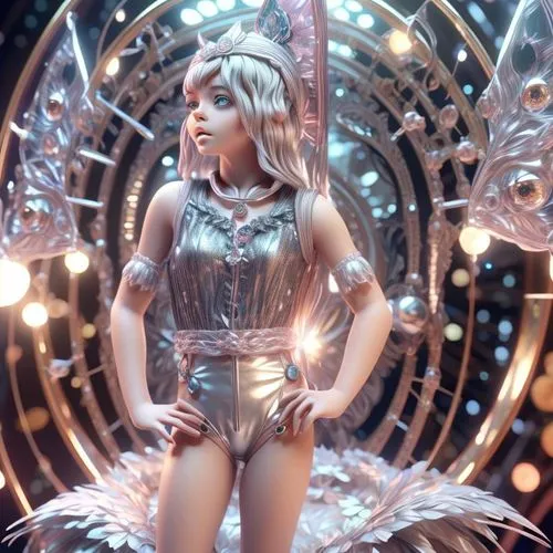 silver,prismatic,ice princess,angel figure,valerian,disco,showgirl,solar,3d fantasy,neo-burlesque,mirror ball,chandelier,fairy queen,aura,crystalline,barbie doll,angel,3d figure,shimmering,fantasy girl