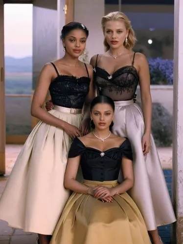 Grace Kelly, Aishwarya Rai and Scarlett Johansson in the Country.,three women wearing short dresses standing by a pool,tahiliani,serebro,chiquititas,stepsisters,gwtw,telenovelas,Photography,Black and 