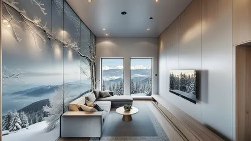 This photo features the living room and small kitchen of a hotel suite located in Puli, Taiwan. 
The design integrates elements of winter, Switzerland, and the tranquil atmosphere of the mountains, 
e