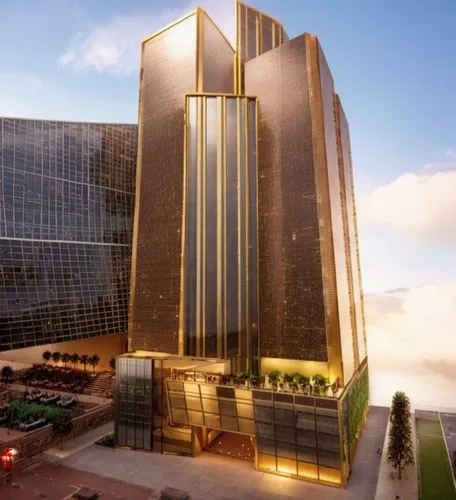 the facade of an office building with a huge tall tower with gold trim,rotana,largest hotel in dubai,cotai,intercontinental,pan pacific hotel,potawatomi,Photography,General,Cinematic