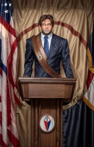 A middle-aged man with brown hair, glasses and a smart navy suit behind a wooden podium and a bluish-toned flag behind,mayor,politician,capitanamerica,captain american,president of the u s a,president