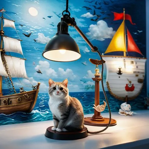 cat on a blue background,cat european,figaro,sailing,seafaring,worldcat,Illustration,Realistic Fantasy,Realistic Fantasy 19