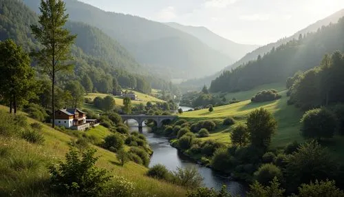 Serene valley landscape, rolling hills, lush green forests, winding rivers, rustic stone bridges, wooden cabins, scenic overlooks, misty mornings, warm sunlight, soft diffused lighting, shallow depth 