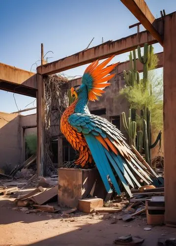 Abandoned architectural salvage yard, Phoenix desert, sunset time, warm orange light, old worn-out buildings, crumbling walls, rusty metal beams, broken windows, overgrown with vines and cacti, a maje