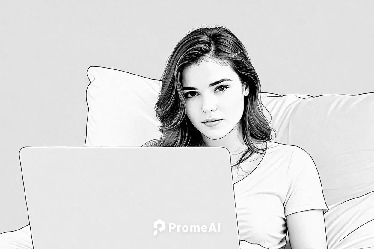 a woman using her laptop on the bed,rotoscoping,girl studying,rotoscoped,henstridge,woman on bed,girl at the computer,Design Sketch,Design Sketch,Detailed Outline