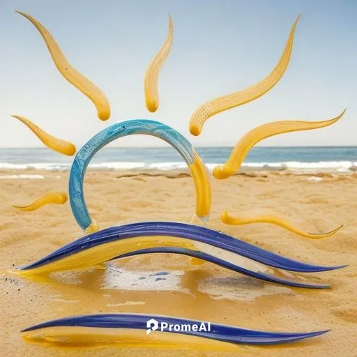 sol amarillo con siete rayos amarillos encima  de una olas en un mar azul con forma de cuerpo humano en la playa,sand art,cnidarian,beach toy,steel sculpture,beach furniture,sand clock,beach defence,3