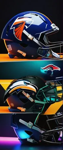 NFL helmets reimagined by AI, futuristic design, metallic material, neon lights, glow-in-the-dark accents, sleek aerodynamic shape, bold team logos, vibrant color schemes, reflective visors, intricate