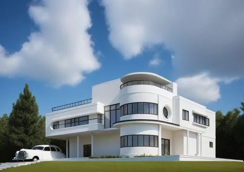 Realistic exterior rendering of a streamline moderne building under a cloudy sky. Smooth, curved facades, horizontal lines, rounded corners, and porthole windows. Clean white stucco, glass blocks, and