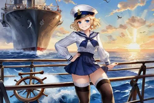 Azur Lane character, youthful sailor girl, blue eyes, short curly blonde hair, cute facial expression, white and blue striped shirt, short pleated skirt, black stockings, brown boots, anchor-shaped ha