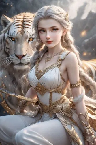 "The girl rides a giant tiger and shoots a bow.",white tiger,durga,arundhati,frigga,etheria,mervat,gandhari,kshetra,fantasy picture,fantasy art,amihan,fantasy woman,leos,rafaela,kushana,sisoulith,fema