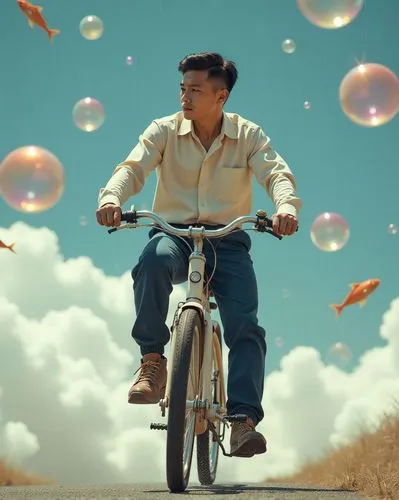 frankmusik,giant soap bubble,bicycle,taika,unicycle,bicicleta,Illustration,Retro,Retro 24